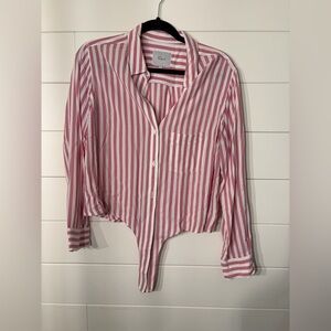 Rails Pink and White Striped Button-Up Tie Front Shirt